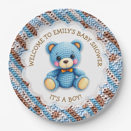 Blue and Brown Crocheted Teddy Bear It's a Boy Pappteller (Vorderseite)
