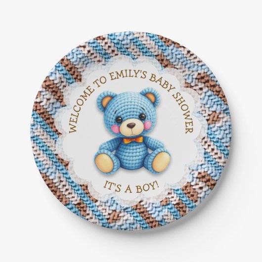 Blue and Brown Crocheted Teddy Bear It's a Boy Pappteller (Vorderseite)