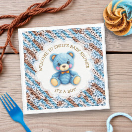 Blue and Brown Crocheted Teddy Bear It's a Boy Serviette