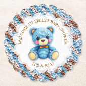Blue and Brown Crocheted Teddy Bear It's a Boy Untersetzer (Vorderseite)