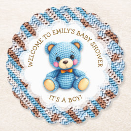Blue and Brown Crocheted Teddy Bear It's a Boy Untersetzer