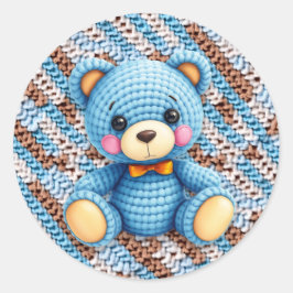 Blue and Brown Crocheted Teddy Bear Runder Aufkleber