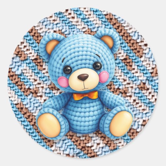 Blue and Brown Crocheted Teddy Bear Runder Aufkleber (Vorderseite)