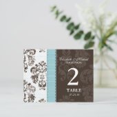 Blue and Brown Damask Wedding Tischnummer (Stehend Vorderseite)