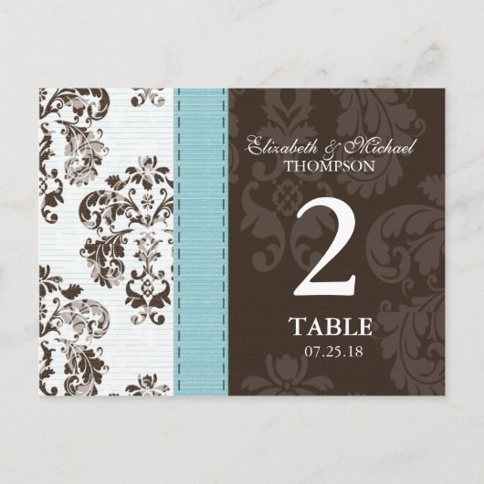 Blue and Brown Damask Wedding Tischnummer (Vorderseite)