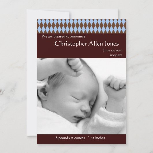 Blue and Brown Raute Baby Boy Birth Ankündigung (Vorderseite)