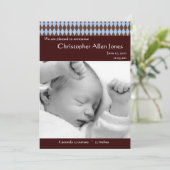 Blue and Brown Raute Baby Boy Birth Ankündigung (Stehend Vorderseite)