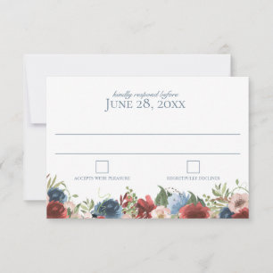 Blue and Burgundy Watercolor Wedding Response RSVP Karte