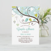 Blue and Chartreuse Love Birds Couples Dusche Einladung (Stehend Vorderseite)