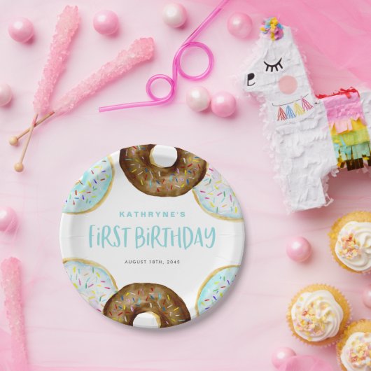 Blue and Chocolate Sprinkle Donuts Erster Geburtst Pappteller (Party)