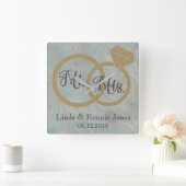 Blue and Copper Mr. and Mrs. Wedding Quadratische Wanduhr (Zuhause)