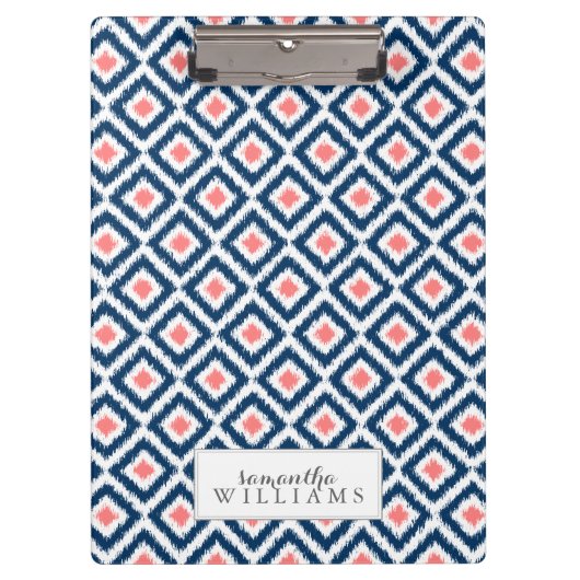 Blue and Coral Diamonds Ikat Pattern Klemmbrett (Vorderseite)