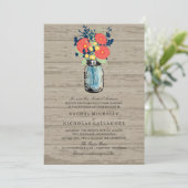 Blue and Coral Garden Mason Jar Wood | Hochzeit Einladung (Stehend Vorderseite)