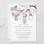 Blue and Coral Hanging Mason Jars Wedding Einladung (Vorderseite)
