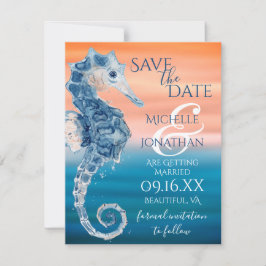Blue and Coral Seepferd Beach Wedding Save The Date