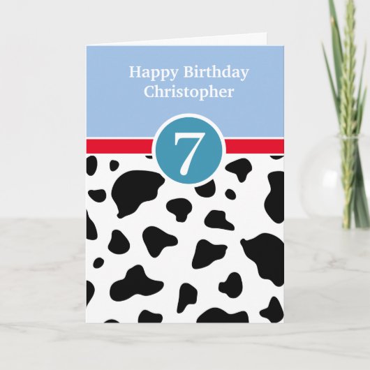 Blue and Cow Print 7th Birthday Card Karte (Vorderseite)