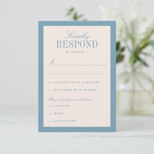 Blue and Cream Classic Elegante Wedding RSVP Karte (Stehend Vorderseite)