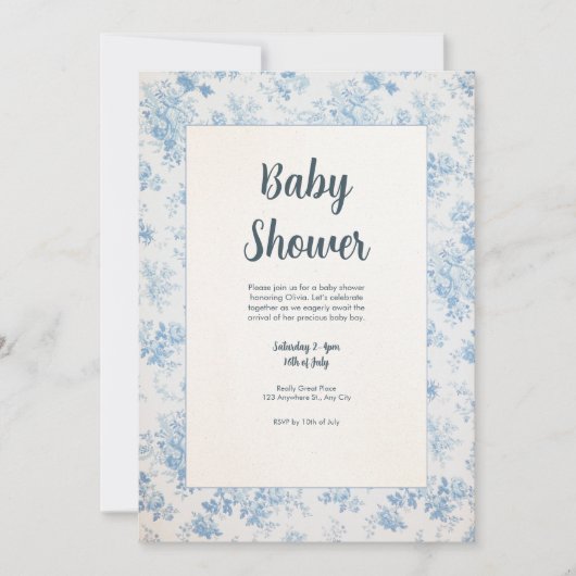 Blue and Cream Classic Toile Baby Dusche Einladung (Vorderseite)