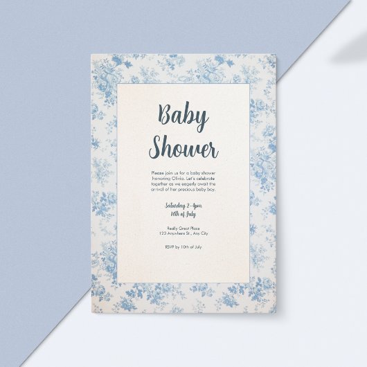 Blue and Cream Classic Toile Baby Dusche Einladung