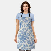Blue and Cream Floral Toile de Jouy Schürze (Getragen)