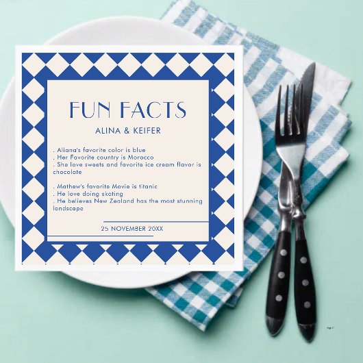 Blue and Cream Retro Bold Fun Facts Wedding Serviette