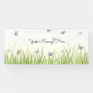 Blue and Crème Butterfets Charming Garden Scene B Banner