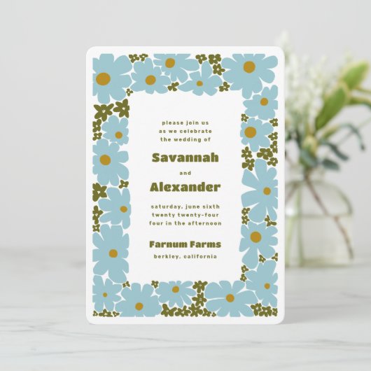 Blue and Forest Green Groovy Blooms Boho Wedding Einladung (Stehend Vorderseite)