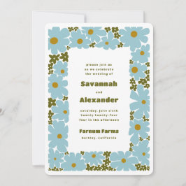 Blue and Forest Green Groovy Blooms Boho Wedding Einladung