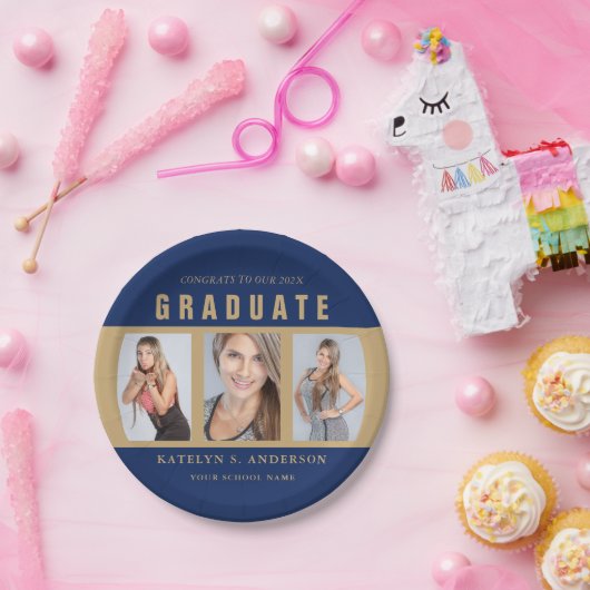 Blue and Gold Abschluss Foto Collage Custom Pappteller (Party)