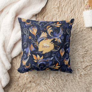 Blue and Gold Abstrakt Paisley Blätter Kissen