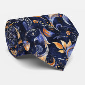 Blue and Gold Abstrakt Paisley Blätter Krawatte (Gerollt)