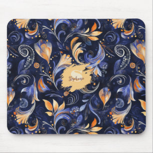 Blue and Gold Abstrakt Paisley Blätter Mousepad