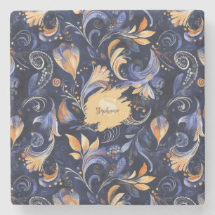 Blue and Gold Abstrakt Paisley Blätter Steinuntersetzer