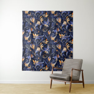 Blue and Gold Abstrakt Paisley Blätter Wandteppich