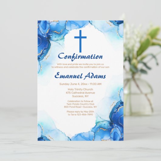 Blue and Gold Abstrakt Religious Einladung (Stehend Vorderseite)