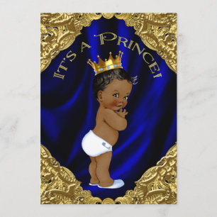 Blue and Gold African American Prince Baby Dusche Einladung