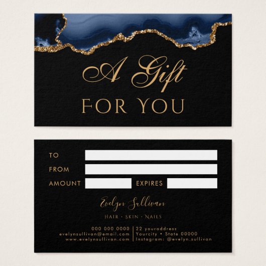 Blue and Gold Agate auf Black Gift Card (Vorne & Hinten)