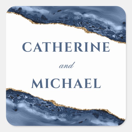 Blue and Gold Agate Border Gastgeschenk Hochzeit Quadratischer Aufkleber (Vorderseite)