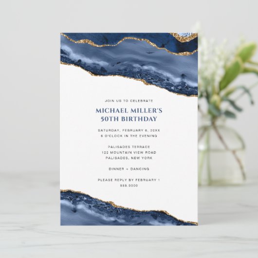 Blue and Gold Agate Geode Border Birthday Einladung (Stehend Vorderseite)