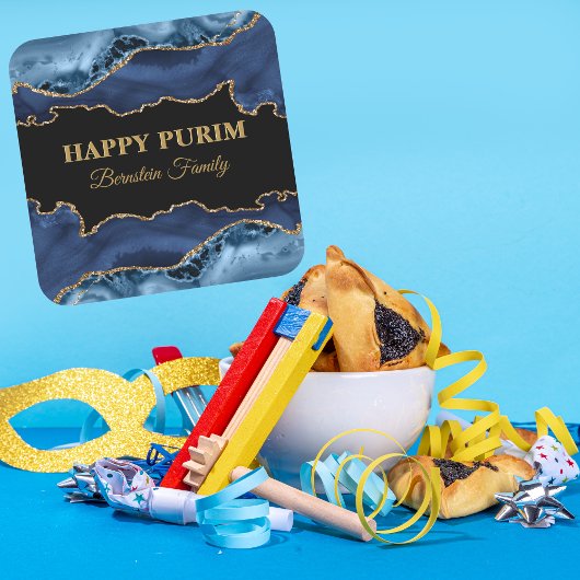 Blue and Gold Agate Hebrew Happy Purim Stickers