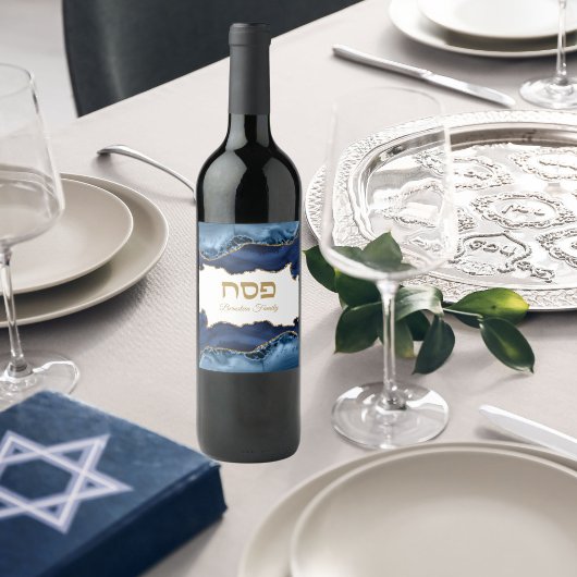 Blue and Gold Agate Hebrew Pessach Sever Weinetikett