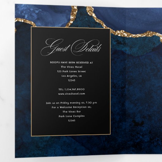 Blue and Gold Agate Wedding Tri-Fold Einladung (Innen Erste Seite)