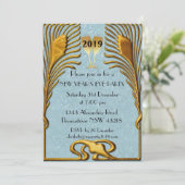 Blue and Gold Art Deco New Year's Eve Einladung (Stehend Vorderseite)