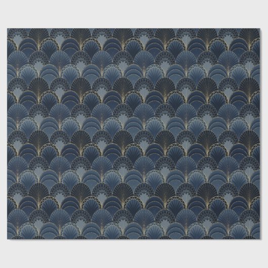 Blue and Gold Art Deco Scallop Luxus Geschenkpapier (Flach)