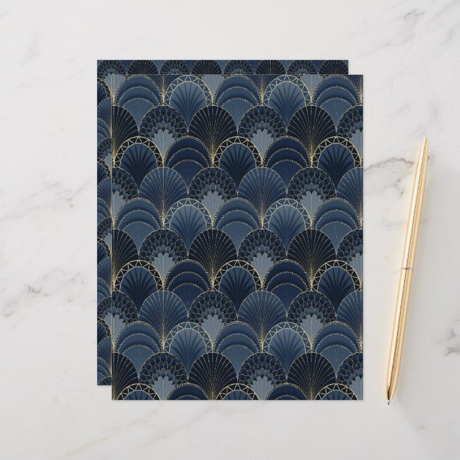 Blue and Gold Art Deco Scallop Scrapbook Paper (Vorderseite/Rückseite Beispiel)