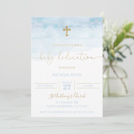 Blue and Gold Baby Dedication Einladung Baby Boy (Stehend Vorderseite)