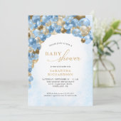 Blue and Gold Balloon Arch Boy Baby Dusche Einladung (Stehend Vorderseite)