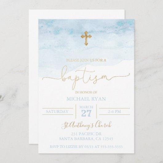 Blue and Gold Baptisse Invitation Baby Boy Einladung (Vorne/Hinten)