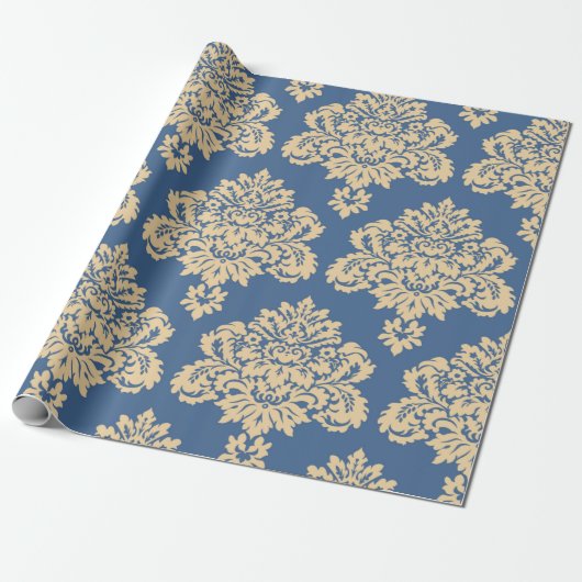 Blue and Gold Blume Damask Geschenkpapier (Ungerollt)