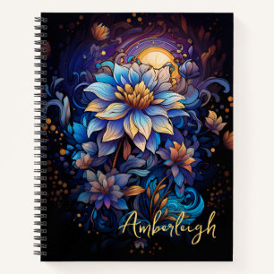 Blue and Gold Blume mit Name Notebook Notizblock
